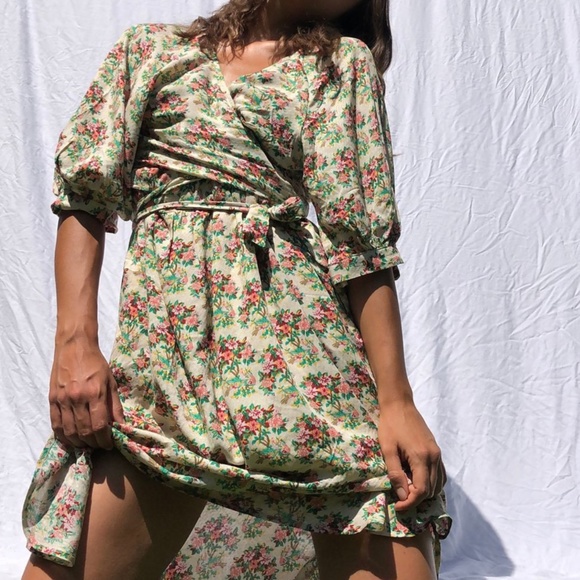 Joey Surplice Faux Wrap Core Floral Boho Peasant Hipster Hippie Farm Artsy Dress - Picture 1 of 5